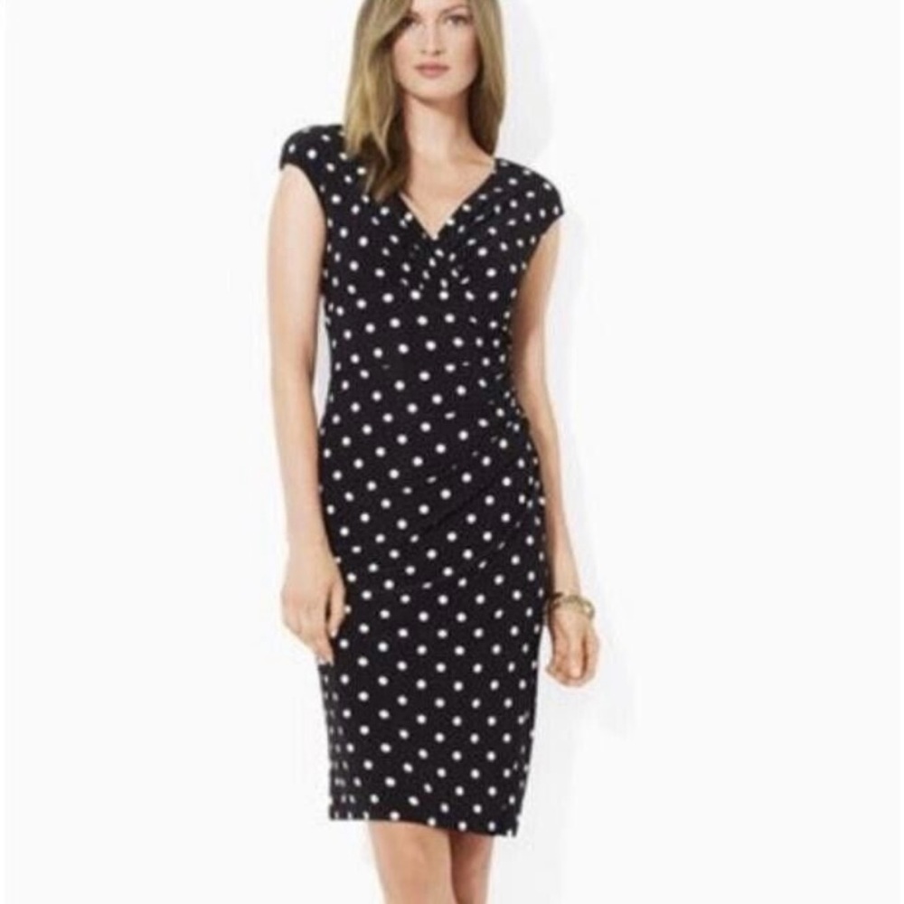 Lauren Ralph Lauren Polka Dot Sheath Midi Dress V-Neck Cap Sleeve Size M